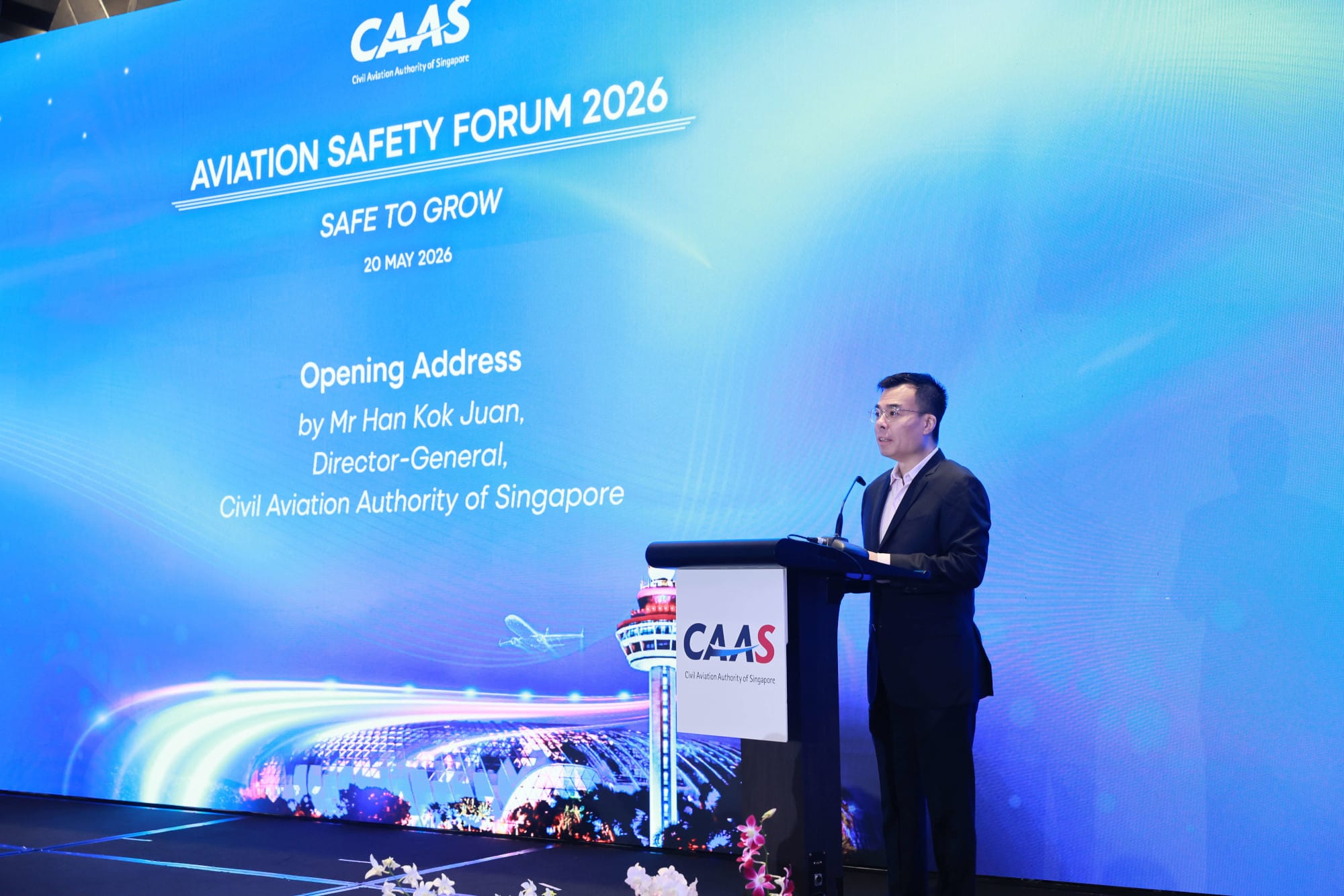 photo of CAAS DG Han Kok Juan speaking at the Aviation Safety Forum 2026